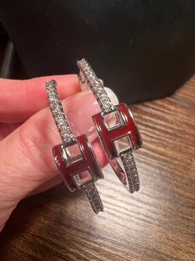 Red Enamel H-Hoop Crystal Earrings - Women Jewelry Earrings